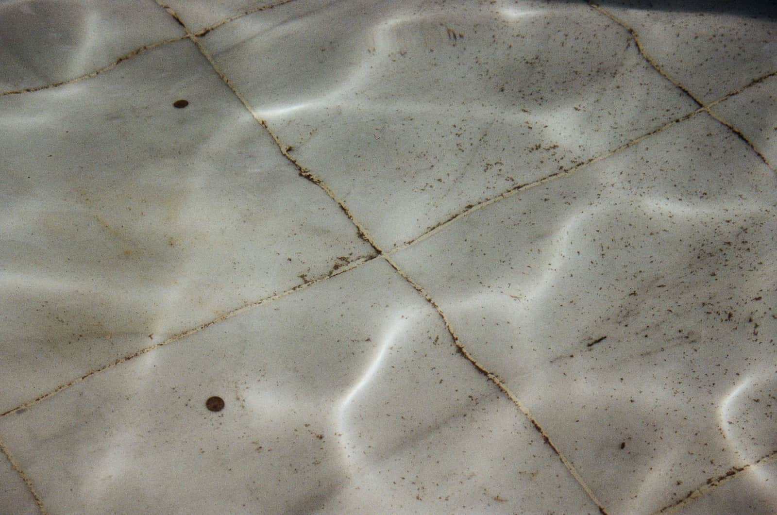 A robotic pool cleaner working on the floor of a swimming pool